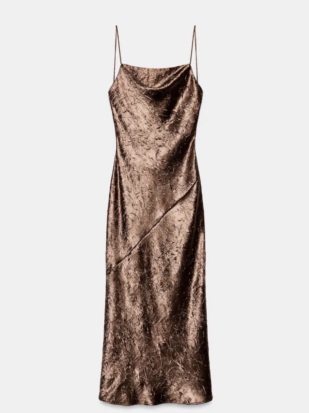 Zara Bronze Satin-Textured Slip Midi Dress
